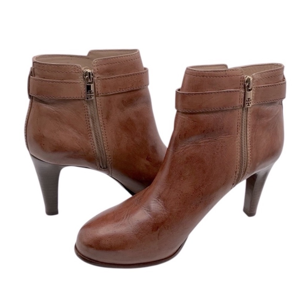 Tory Burch Tan Leather Ankle Boots Stiletto Heel Logo Medallion Womens 10